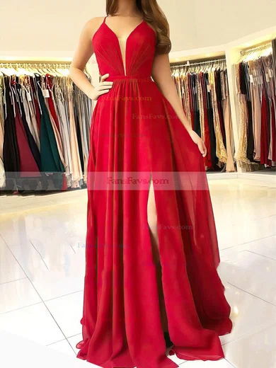 A-line V-neck Chiffon Floor-length Split Front Prom Dresses #Favs020105837