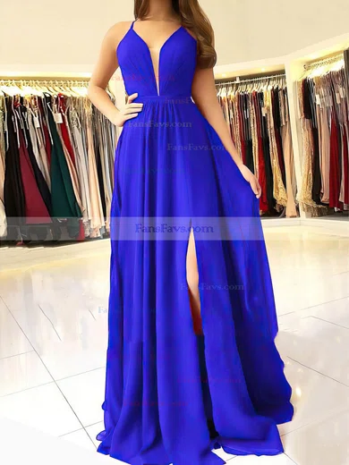 A-line V-neck Chiffon Floor-length Split Front Prom Dresses #Favs020105837