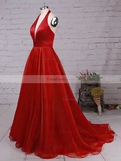 Princess Halter Satin Organza Sweep Train Prom Dresses #Favs020105847