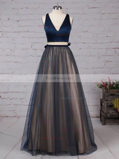 Princess V-neck Tulle Sweep Train Beading Prom Dresses #Favs020105848