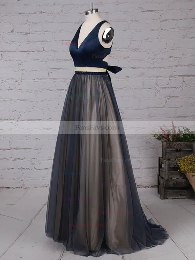 Princess V-neck Tulle Sweep Train Beading Prom Dresses #Favs020105848