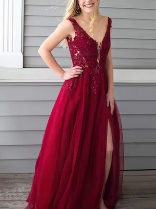 A-line V-neck Chiffon Floor-length Beading Prom Dresses #Favs020105861