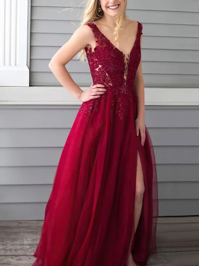 A-line V-neck Chiffon Floor-length Beading Prom Dresses #Favs020105861
