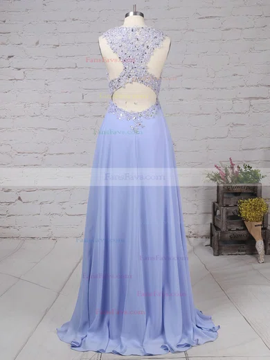 A-line Scoop Neck Chiffon Sweep Train Beading Prom Dresses #Favs020102055