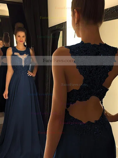 A-line Scoop Neck Chiffon Sweep Train Beading Prom Dresses #Favs020102055