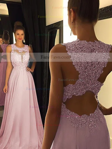 A-line Scoop Neck Chiffon Sweep Train Beading Prom Dresses #Favs020102055