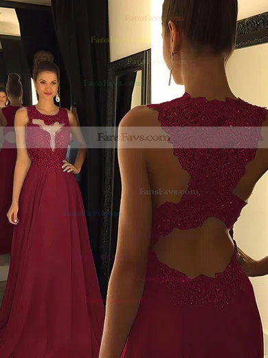 A-line Scoop Neck Chiffon Sweep Train Beading Prom Dresses #Favs020102055