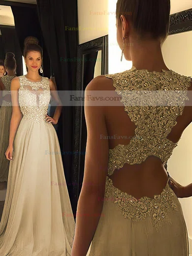 A-line Scoop Neck Chiffon Sweep Train Beading Prom Dresses #Favs020102055