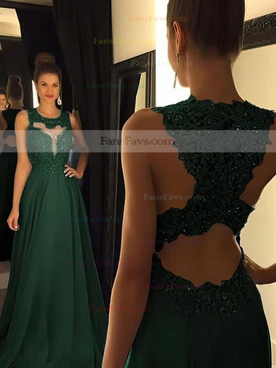 A-line Scoop Neck Chiffon Sweep Train Beading Prom Dresses #Favs020102055