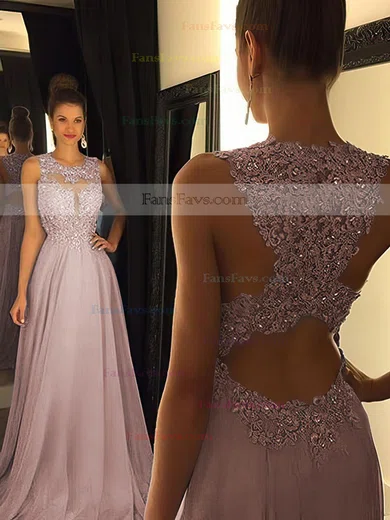 A-line Scoop Neck Chiffon Sweep Train Beading Prom Dresses #Favs020102055