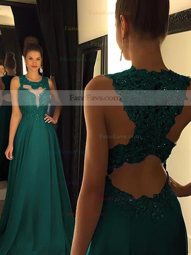 A-line Scoop Neck Chiffon Sweep Train Beading Prom Dresses #Favs020102055