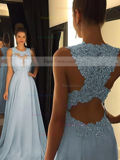 A-line Scoop Neck Chiffon Sweep Train Beading Prom Dresses #Favs020102055