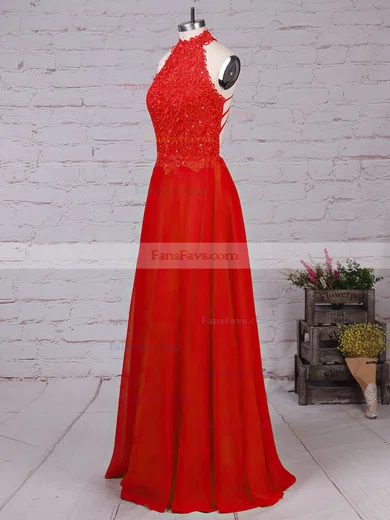 A-line High Neck Lace Chiffon Floor-length Beading Prom Dresses #Favs020105863