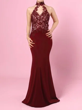 Sheath/Column High Neck Jersey Floor-length Beading Prom Dresses #Favs020105864