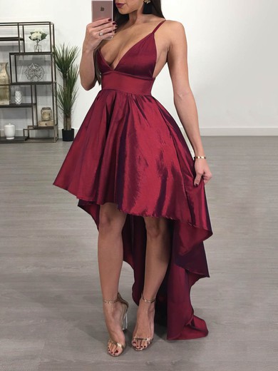 A-line V-neck Satin Asymmetrical Prom Dresses #Favs020105866