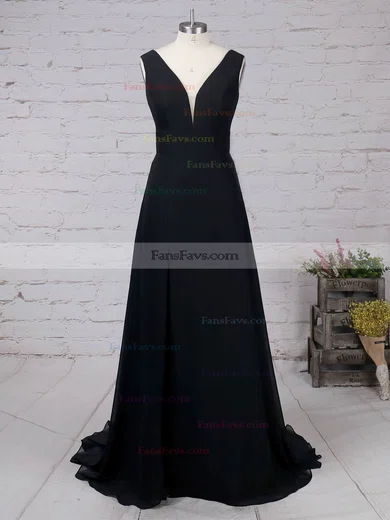 A-line V-neck Chiffon Sweep Train Split Front Prom Dresses #Favs020105871