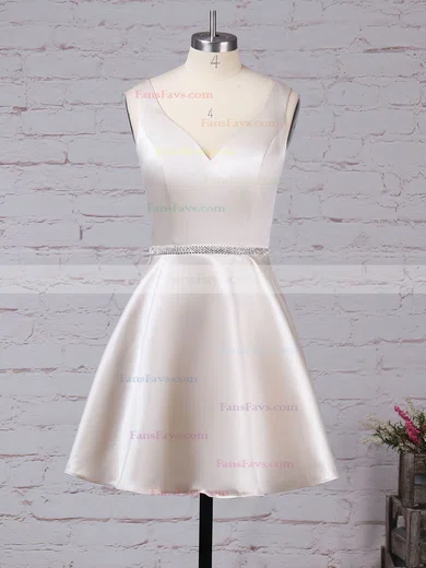 A-line V-neck Satin Short/Mini Beading Prom Dresses #Favs020105873