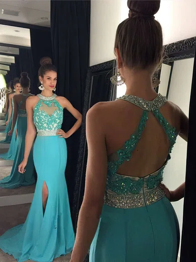 Trumpet/Mermaid Scoop Neck Chiffon Sweep Train Beading Prom Dresses #Favs020102056