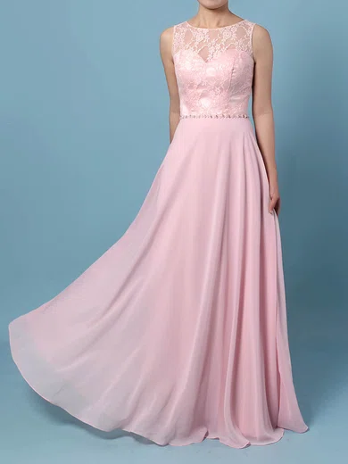 A-line Scoop Neck Lace Chiffon Floor-length Beading Prom Dresses #Favs020105877
