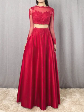 A-line Scoop Neck Satin Floor-length Appliques Lace Prom Dresses #Favs020105879 A-line Scoop Neck Satin Floor-length Appliques Lace Prom Dresses #Favs020105879