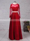 A-line Scoop Neck Satin Floor-length Appliques Lace Prom Dresses #Favs020105879