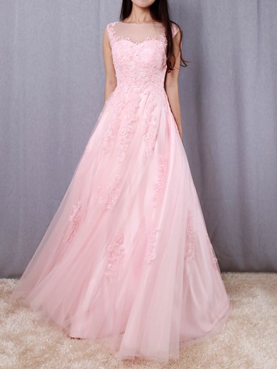 Princess Scoop Neck Tulle Floor-length Appliques Lace Prom Dresses #Favs020105893