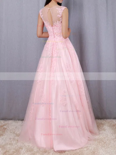 Princess Scoop Neck Tulle Floor-length Appliques Lace Prom Dresses #Favs020105893