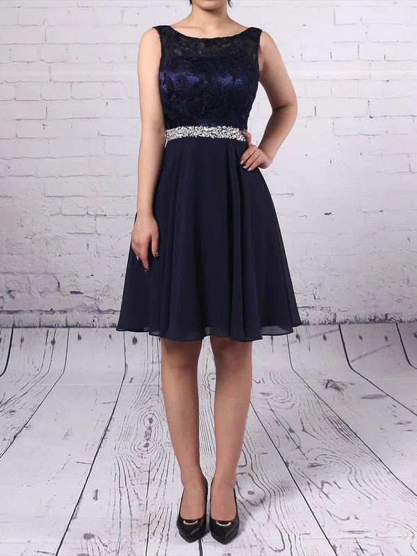 A-line Scoop Neck Lace Chiffon Short/Mini Beading Prom Dresses #Favs020105894