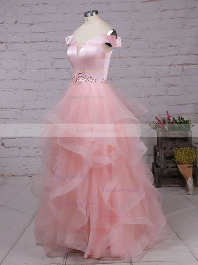 Ball Gown Off-the-shoulder Satin Organza Floor-length Beading Prom Dresses #Favs020105909