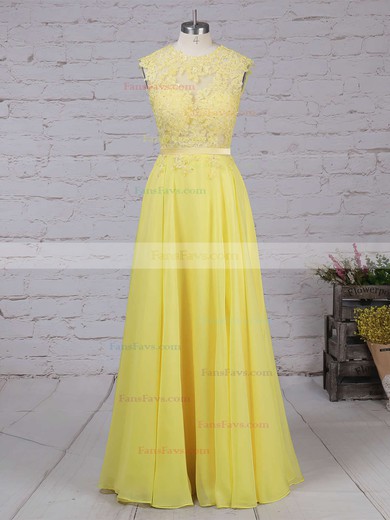 A-line Scoop Neck Chiffon Sweep Train Appliques Lace Prom Dresses #Favs020102057