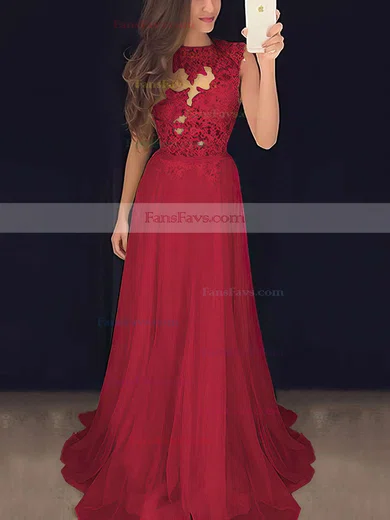 A-line Scoop Neck Chiffon Sweep Train Appliques Lace Prom Dresses #Favs020102057