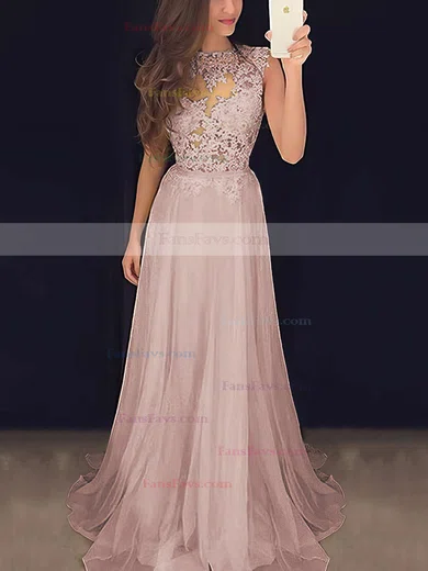 A-line Scoop Neck Chiffon Sweep Train Appliques Lace Prom Dresses #Favs020102057