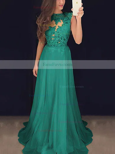 A-line Scoop Neck Chiffon Sweep Train Appliques Lace Prom Dresses #Favs020102057