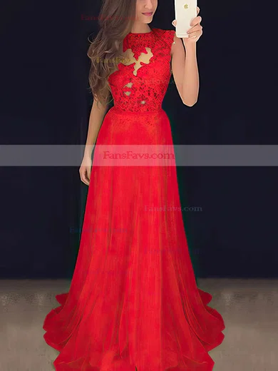 A-line Scoop Neck Chiffon Sweep Train Appliques Lace Prom Dresses #Favs020102057