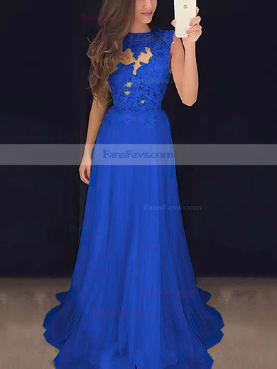 A-line Scoop Neck Chiffon Sweep Train Appliques Lace Prom Dresses #Favs020102057