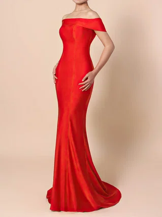 Sheath/Column Off-the-shoulder Jersey Sweep Train Prom Dresses #Favs020105918