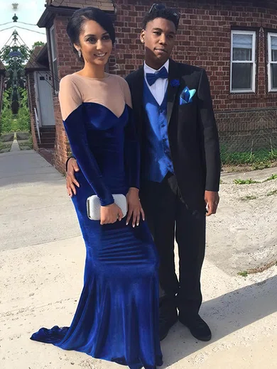 Sheath/Column Scoop Neck Velvet Sweep Train Beading Prom Dresses #Favs020106114