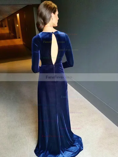 Sheath/Column V-neck Velvet Sweep Train Split Front Prom Dresses #Favs020106116