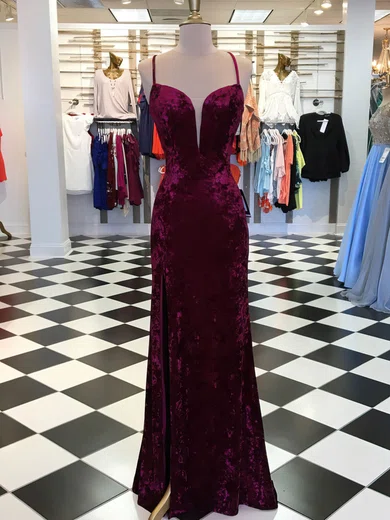 Sheath/Column V-neck Velvet Sweep Train Split Front Prom Dresses #Favs020106119