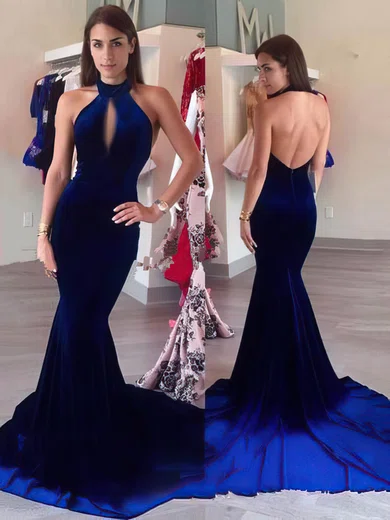 Trumpet/Mermaid Halter Velvet Sweep Train Prom Dresses #Favs020106133