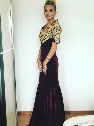 Trumpet/Mermaid V-neck Velvet Sweep Train Appliques Lace Prom Dresses #Favs020106137