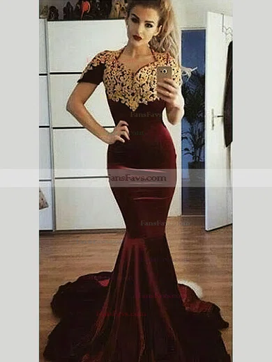 Trumpet/Mermaid V-neck Velvet Sweep Train Appliques Lace Prom Dresses #Favs020106137