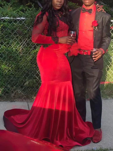 Trumpet/Mermaid Scoop Neck Velvet Sweep Train Appliques Lace Prom Dresses #Favs020106140