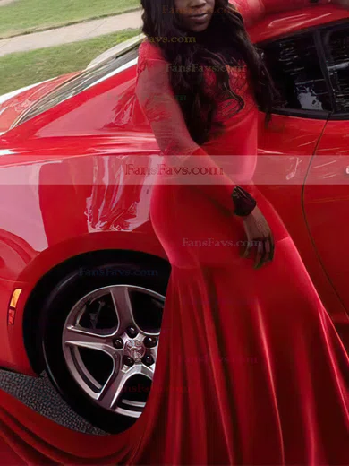 Trumpet/Mermaid Scoop Neck Velvet Sweep Train Appliques Lace Prom Dresses #Favs020106140