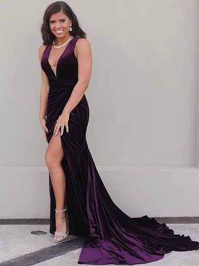Trumpet/Mermaid V-neck Velvet Sweep Train Split Front Prom Dresses #Favs020106142