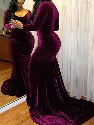Trumpet/Mermaid V-neck Velvet Sweep Train Prom Dresses #Favs020106145