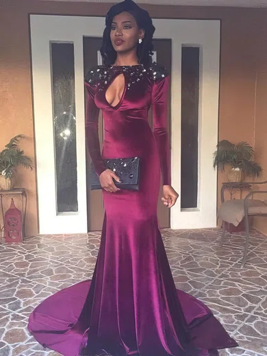 Trumpet/Mermaid Scoop Neck Velvet Sweep Train Beading Prom Dresses #Favs020106146