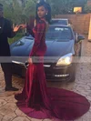 Trumpet/Mermaid Scoop Neck Velvet Sweep Train Beading Prom Dresses #Favs020106146