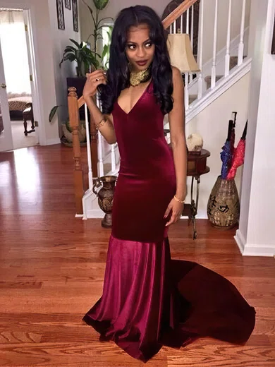 Trumpet/Mermaid V-neck Velvet Sweep Train Prom Dresses #Favs020106152
