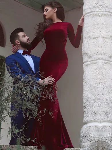 Trumpet/Mermaid Scoop Neck Velvet Sweep Train Beading Prom Dresses #Favs020106153